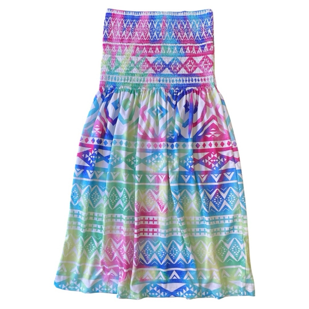 Strapless Sundress Smocked Elastic Pink and Blue Print, Juniors Size Large